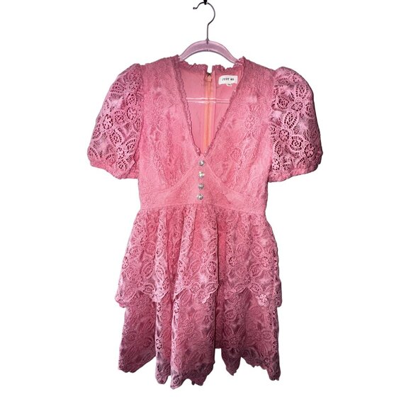 Pink Lace Rhinestone Buttons Small Cocktail Dress Princess Girly Feminine Barbie - Picture 1 of 7